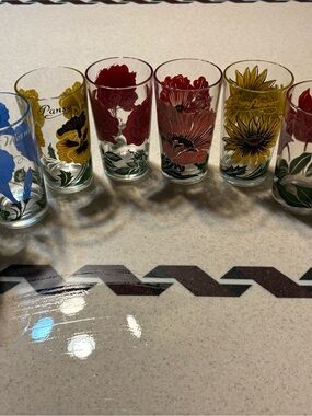 Source Unknown Floral Glass Tumbler Set — Antique 1940’s-1950’s. Hand painted